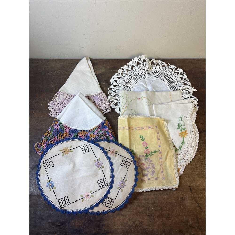 Lot Of 8 Mixed Vintage Linens Hand Embroidered Colorful Assorted Sizes Craft